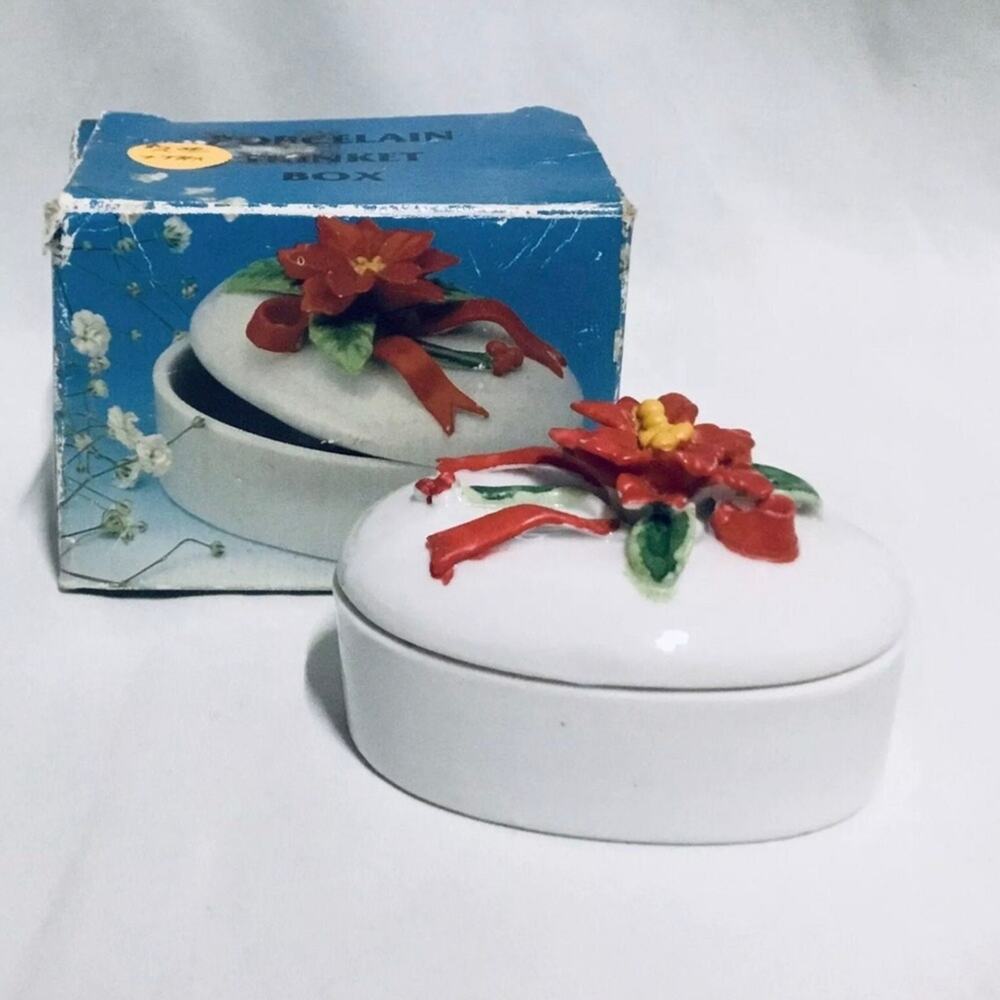 Christmas Poinsettia Decorated Porcelain Trinket Box